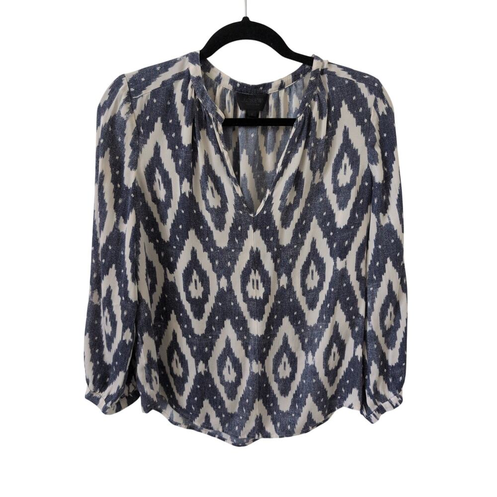 J.Crew Collection Silk Blouse In Blue White Geometric Ikat size 6